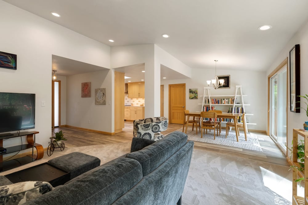View of first floor in Corvallis, Oregon home remodel with open-concept layout by Corvallis Custom Kitchens & Baths