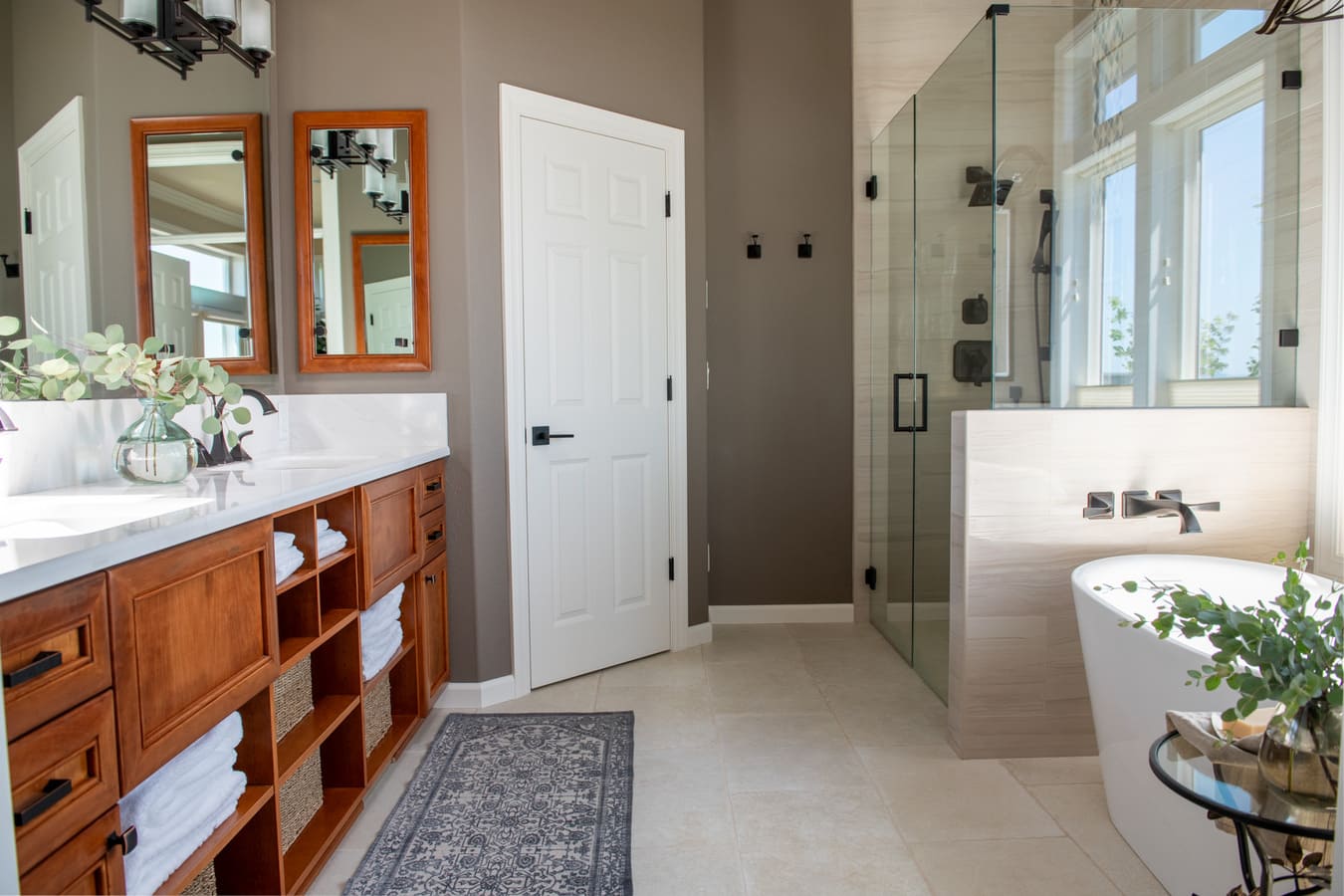 White Countertop & Bathtub With Walk-In Shower In Master Bath Remodel In Corvallis Oregon By Corvallis Custom Kitchens And Baths