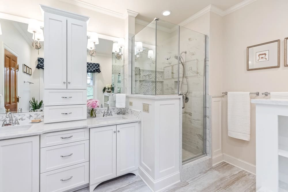 Newport bathroom remodel with white cabinets, walk-in shower Newport bathroom remodel with white cabinets, walk-in shower