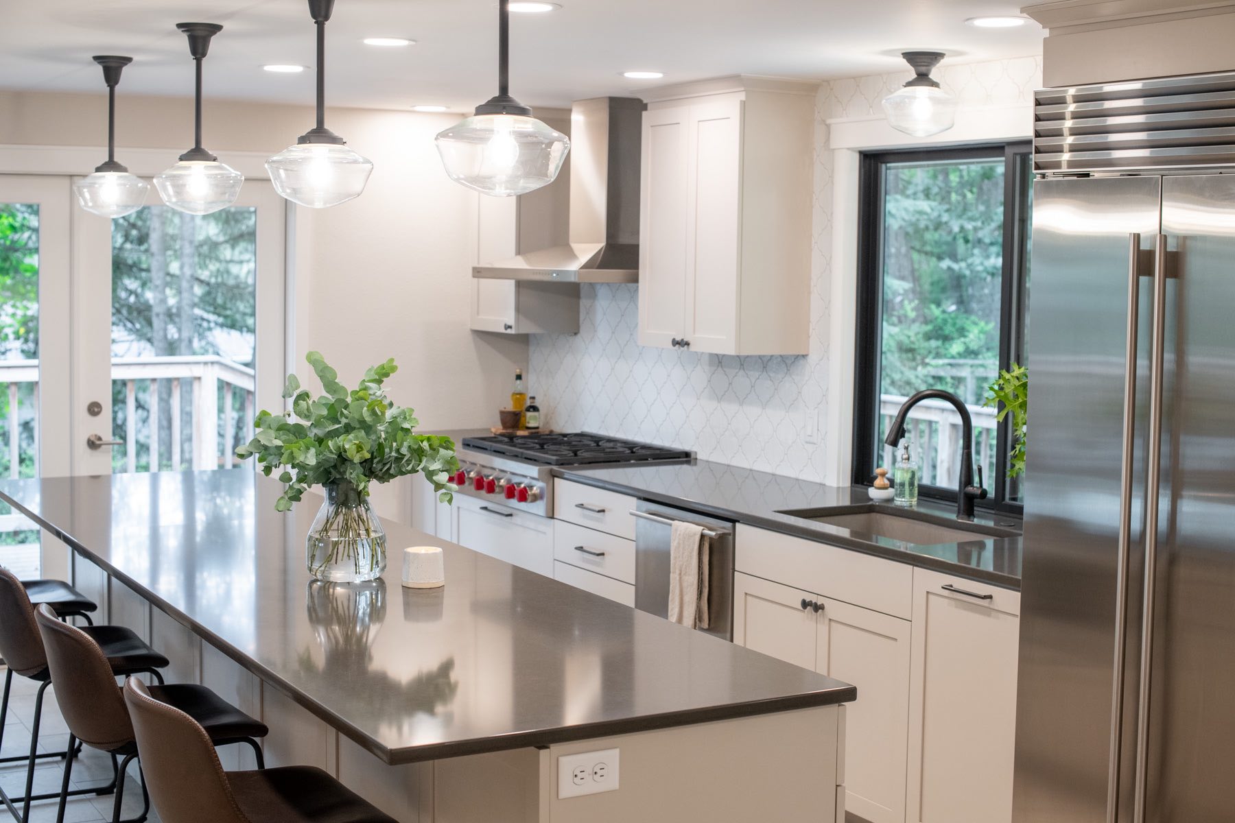 Island with Seating Modern Lighting In Kitchen Remodel By Corvallis Custom Kitchens & Baths